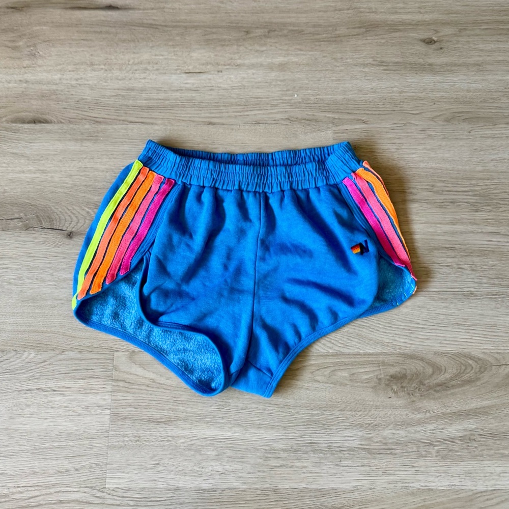 Aviator Nation Blue Terrycloth Shorts with Neon Stripe Detail